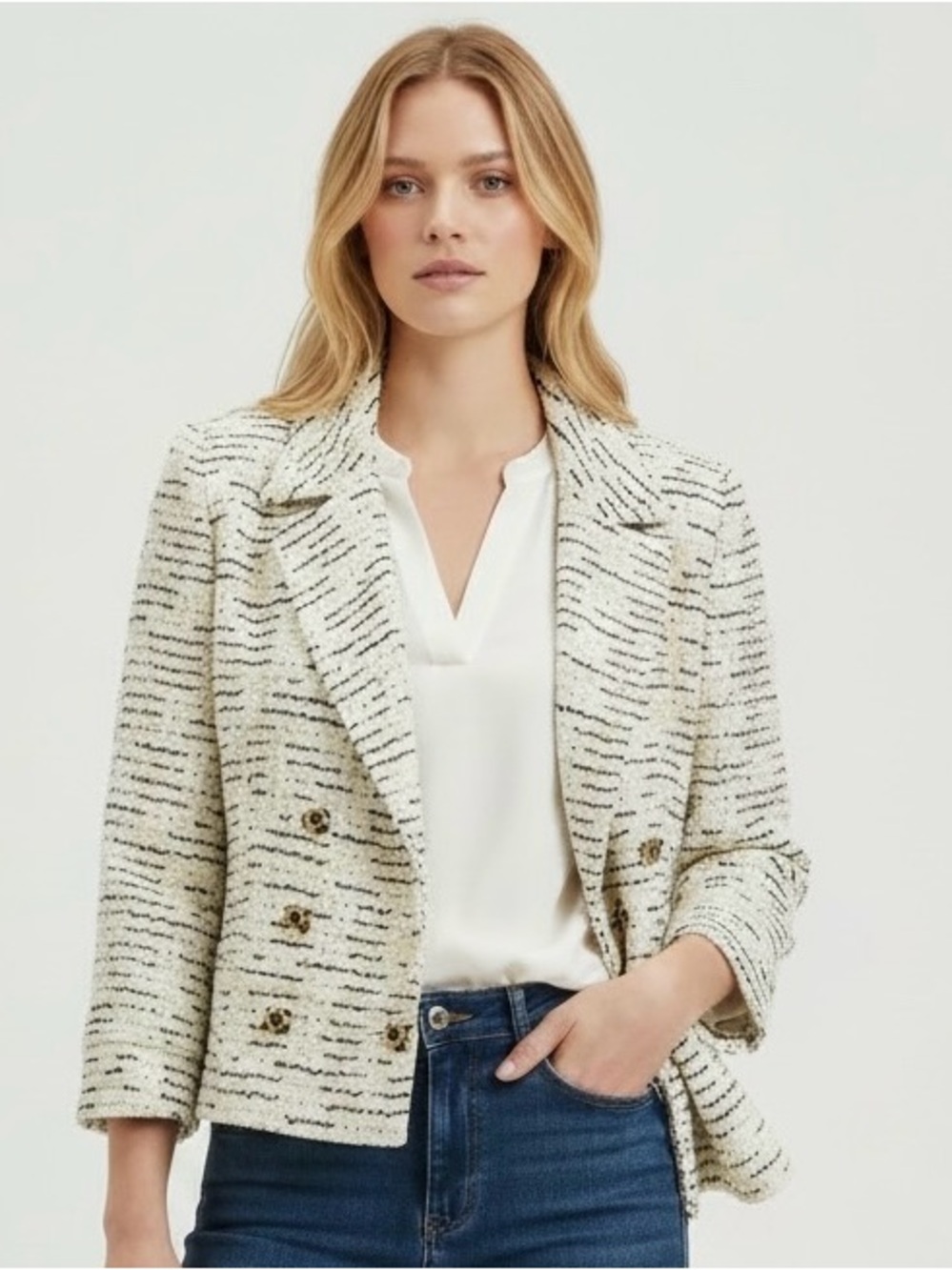 St John Tweed Double-Breasted Blazer Black and yellow Stitching Size; 6
